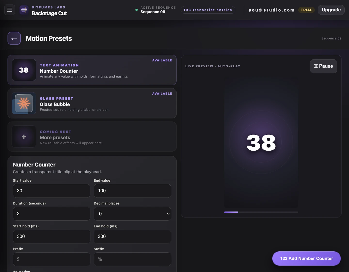 Motion Presets with the Number Counter selected, its start, end, duration and hold values filled in, and the animation running in the live preview.