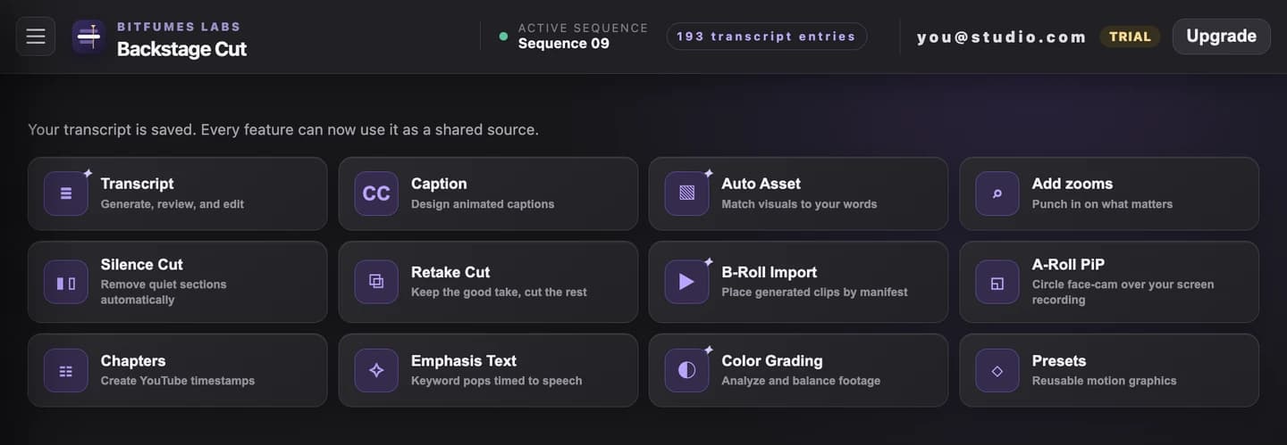 The Backstage Cut panel docked in Premiere Pro, showing its dashboard of features with a saved transcript that every one of them reads from.