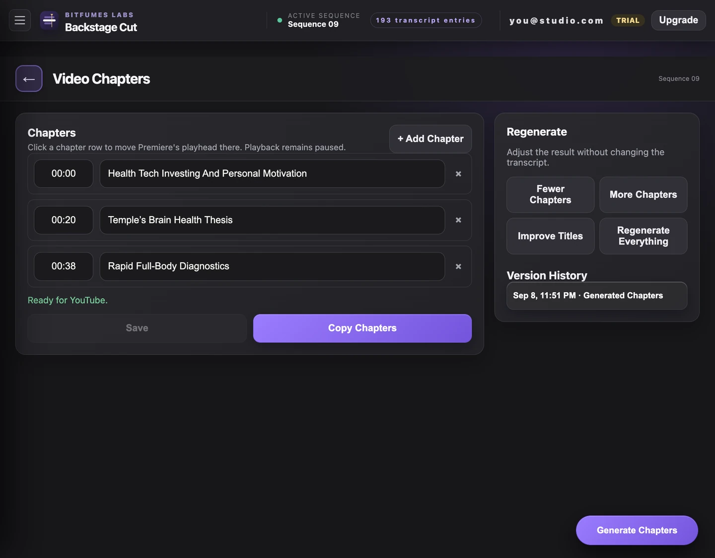 Three YouTube chapters generated from the saved transcript, each with its timestamp and an editable title, plus regenerate controls and version history.