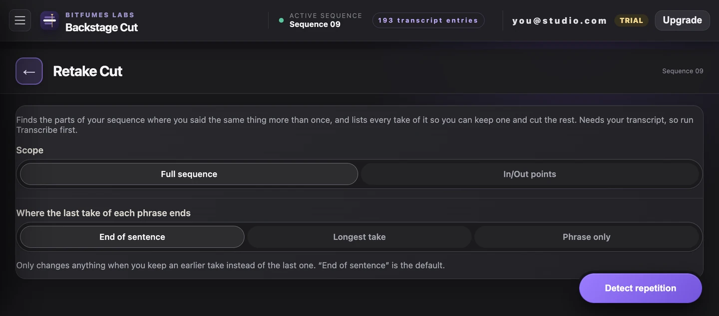 The Retake Cut panel: scope set to the full sequence, a choice of where the kept take ends, and the button that reads the transcript for repeats.